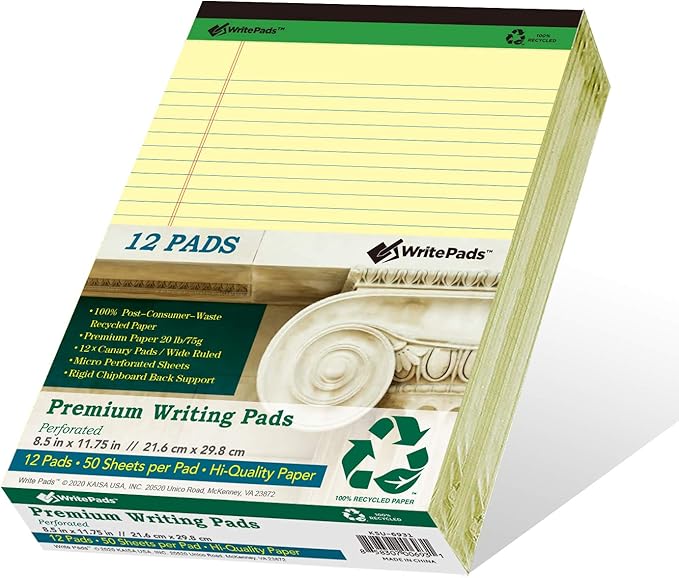 KAISA Premium Legal Pads Writing Pads Notepads With Rigid Chipboard Back Support, 8.5x11 inch Wide Ruled, Perforated 20lb Recycled Paper Pads 50sheets/Pad, Canary 12pad, KSU-6931