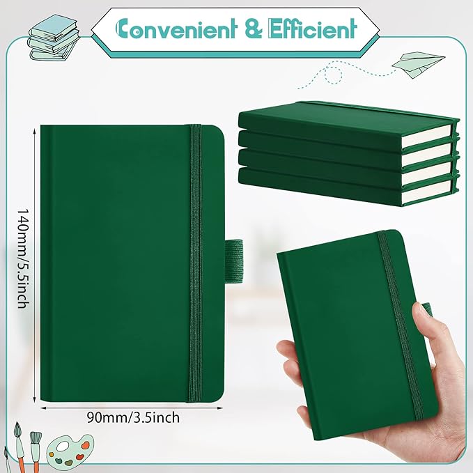40 Pieces Small Notebooks A6 Pocket Journals 3.5 x 5.5 Inch Small Leather Notebook Mini Ruled Lined Journal with Elastic Band Pen Holder Page Marker Ribbons (Green)
