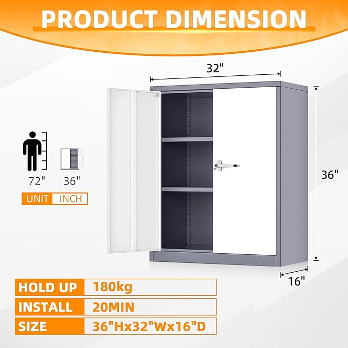 INTERGREAT Metal Cabinet with Lock, Lockable Metal Storage Cabinets with Doors and Shelves for Garage, Grey White Locking Garage Storage Cabinets 36"×32"×16"
