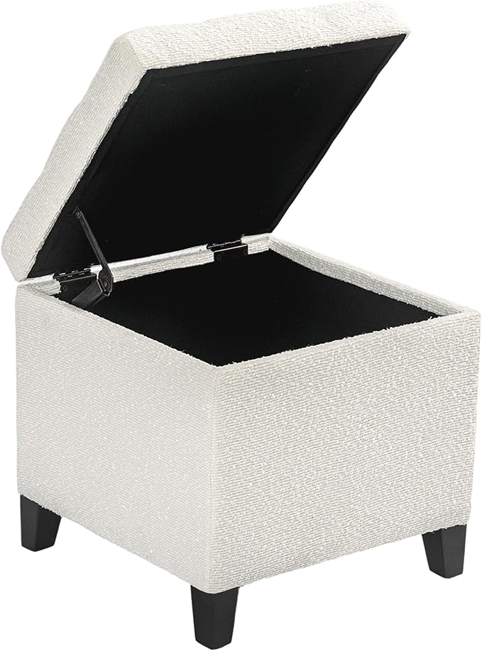 Adeco 18 Inch High Cube Ottoman Storage, Linen Chair Foot Stools, Upholstered Vanity Stool with Hinged Lid, Solid Wood Legs (White Circle Yarn)