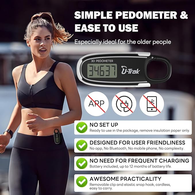 3D Pedometer for Walking with Removable Clip and Carabiner Simple Step Counter - Image 2