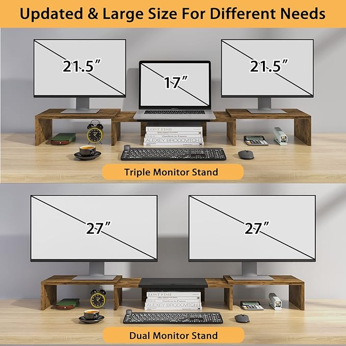 WESTREE Triple Dual Monitor Stand Riser, Extra Long Monitor Stand for 1~2~3 Monitors, Monitor Stand with Length and Angle Adjustable, 3 Shelf Desktop Storage Riser for Monitor Computer Screen Laptop