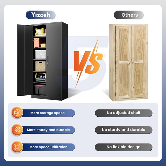 Yizosh Metal Garage Storage Cabinet with 2 Doors and 5 Adjustable Shelves - 71" Steel Lockable File Cabinet,Locking Tool Cabinets for Office,Home,Garage,Gym,School (Black)