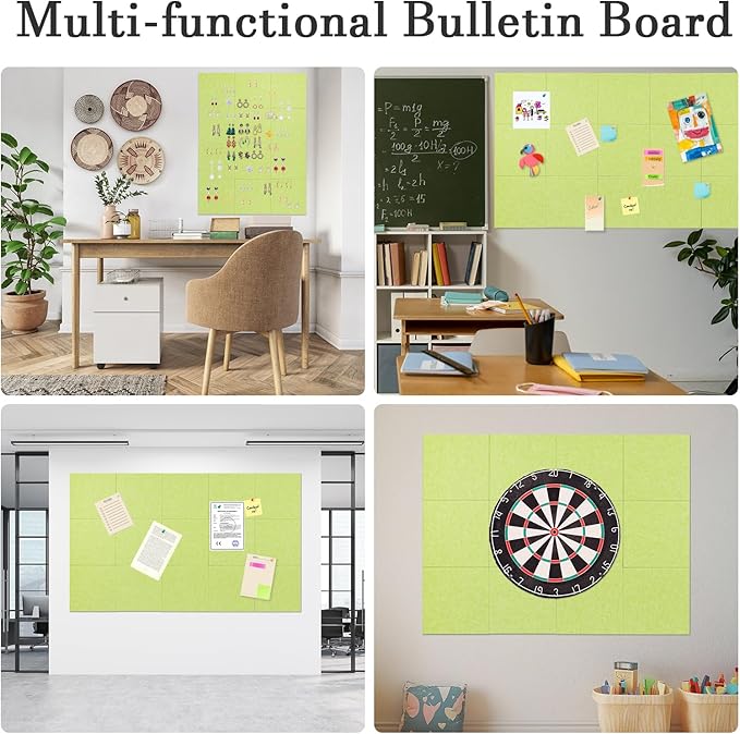 Large Cork Board Alternative, 12 Pack Felt Board with Safe Removable Adhesive Tabs Felt Wall Tiles, Large Cork Boards for Walls, Cork Board for Home Office, Pin Boards for Walls, Green