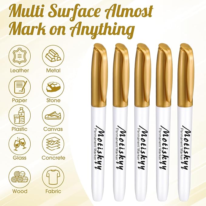 180 Pcs Metallic Permanent Markers Bulk Fine Point Metallic Markers Pens for Fabric, Black Paper, Cards, Scrapbook, Wood, Plastic, Canvas, Mugs, DIY Art Crafts, Etc(Gold)