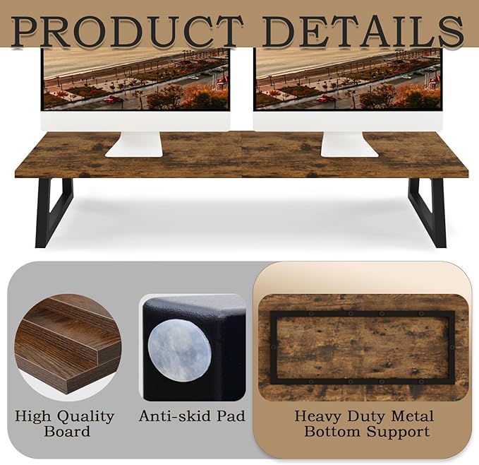 TEAMIX 31.5 inch Dual Monitor Riser for 2 Monitors, Long Monitor Stand Riser TV Stand Riser Monitor Stand for Desk Wood & Steel Desktop Riser Desk Organization Home Office