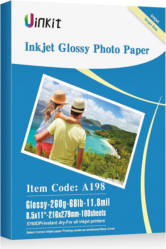 Uinkit 100 Sheets Heavyweight Thick Glossy Photo Paper Single side 8.5x11 Inkjet 68lb 260Gsm DIY Greeting Card Placemat Craft Project Signage Christmas Poster 11.8Mil for Inkjet printer