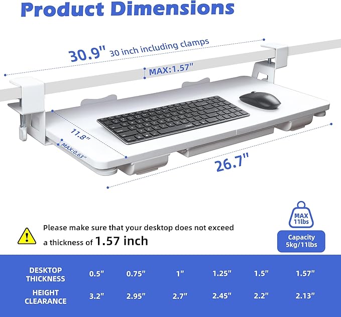 Keyboard Tray Under Desk with Drawer,26.77" X 11.81"Large Size Keyboard Tray with C Clamp-on Mount, Easy to Install, for Home Office (White)