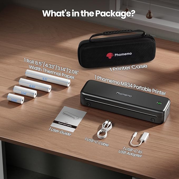 Phomemo Portable Printers Wireless for Travel Upgraded, M834 Bluetooth Thermal Printer 8.5" x 11"& A4 Size,Inkless Mobile Printer with Carry Case for Travel,Office,School,Car,Home,Black