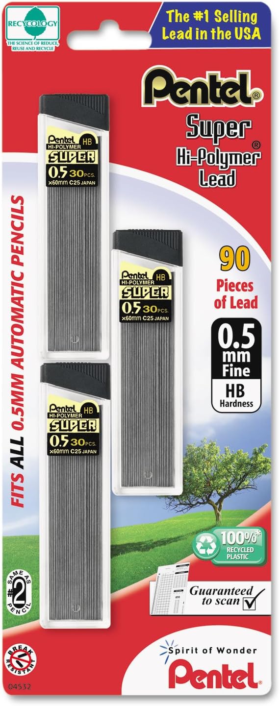 Pentel C25BPHB3K6 Super Hi-Polymer Lead Refills, 0.5mm, HB, Black, 30/Tube, 3 Tubes/Pack