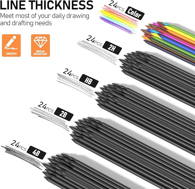 Four Candies 3PCS 2MM Mechanical Pencils with case, Artist Led Pencil Metal Lead Holder with 120 Graphite Lead Refills(HB 2H 2B 4B Color), 4 Erasers, Sharpener, Drafting Pencil for Drawing, Sketching