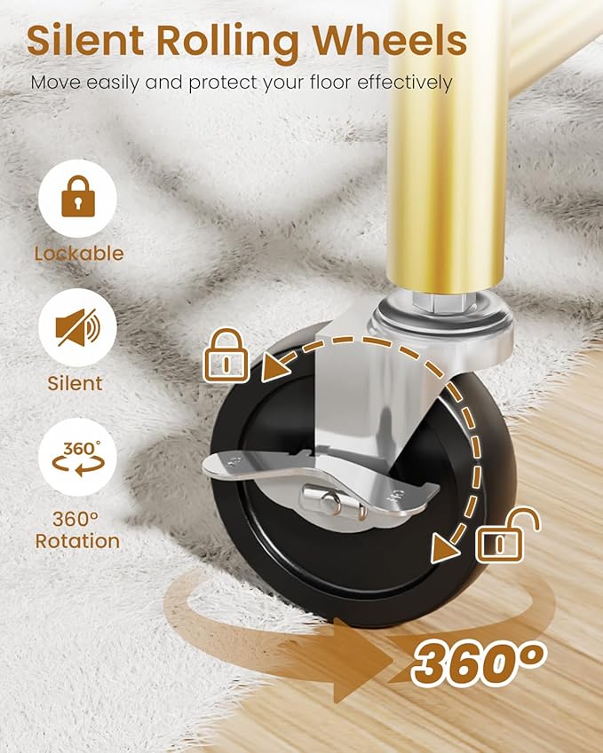 Heavy Duty Clothes Rack, Metal Clothing Rack Load 450 LBS, Rolling Coat Racks for Hanging Clothes with Lockable Wheels, Wardrobe Closet Garment Racks for Bedroom, Gold