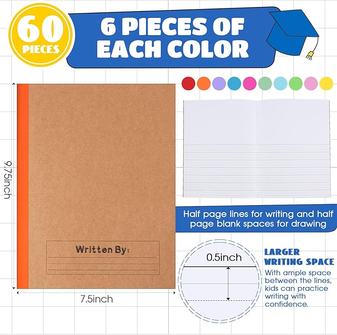 Henoyso 60 Pcs Primary Composition Notebook 9 3/4 x 7 1/2 Inch Kids Journal, Back to School Supplies, K-2 Primary Writing Notebook for Kids Student Draw and Write Story Journal (Stylish Color)