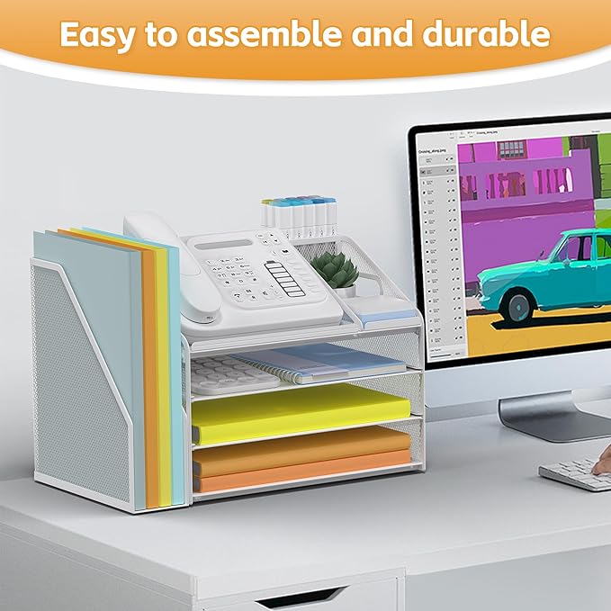 DocNest 4 Tier Paper Letter Tray File Organizer, Mesh Desk File with Handle, Workspace Desk Organizers with Pen Holder, Office Organization Storage Accessories - White