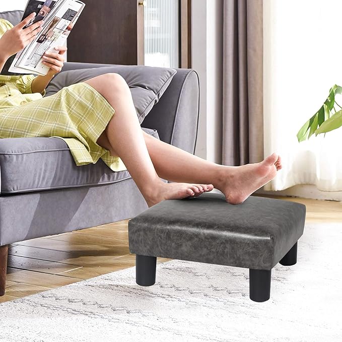 Joveco Small Footstool PU Leather Ottoman Square Footrest Stool Modern Padded Seat Chair for Living Room Bedroom Couch Dogs (Gray)