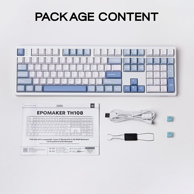 EPOMAKER TH108 Full Size Mechanical Keyboard, Wireless Gaming Keyboard with 8000mAh Battery, Creamy Gasket, 108 Keys, Hot Swap, Custom Driver, RGB Backlight (Blue&White, Sea Salt Silent)
