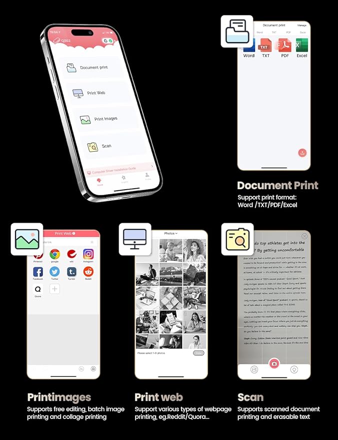 Phomemo Upgraded Q302 Portable Printer, Ultra-High 300dpi Inkless Printer Silent Printing, Wireless Bluetooth Thermal Printer Compatible with Phone & PC, Compact Printers for Business Travel