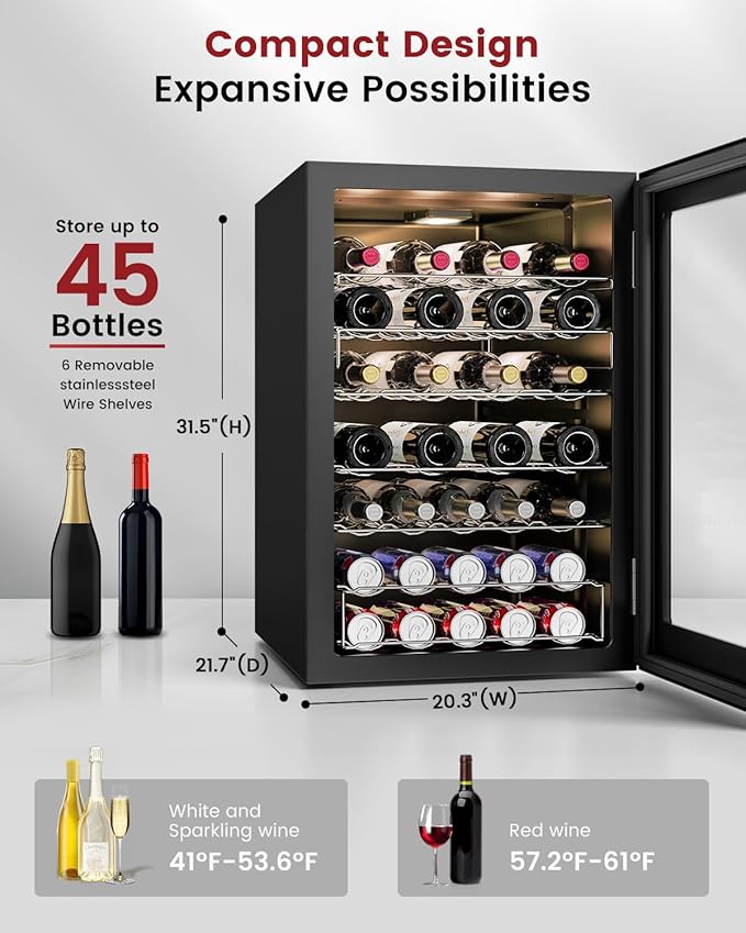4.5 Cu.Ft Wine Cooler Refrigerator - 45 Bottle Wine Fridge with Glass Door for Beer Soda Water Drink, Small Wine Cellar Beverage Refrigerator for Bedroom Home Office Bar Dorm, Black