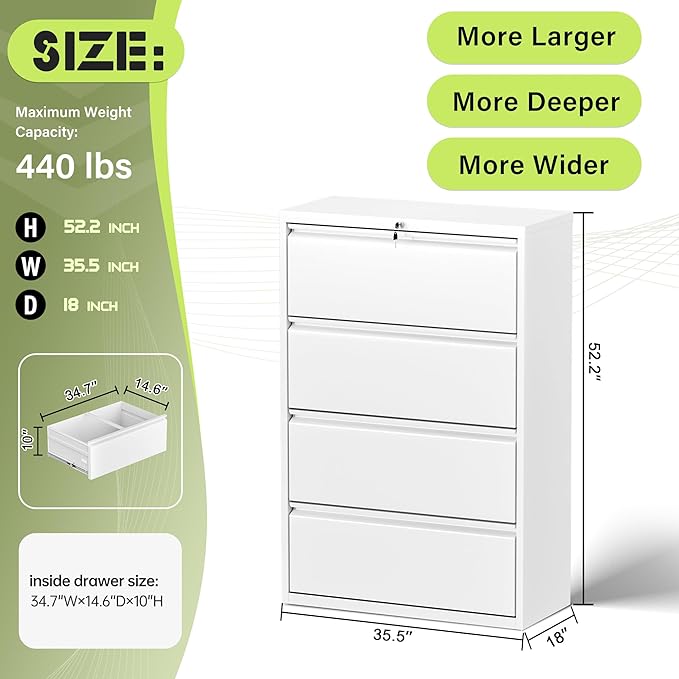 Crownland Lateral File Cabinet with 4 Drawers, 36" W Metal Lockable Office File Cabinets for Home Office- Stores Letter/Legal/A4/F4 Files(White)