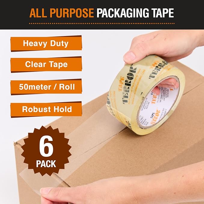 All-Purpose Clear Packing Tape (6 Rolls) - Heavy Duty Tape for Packing, Moving Boxes, Storage, Labeling, Crafts, and More - Shipping, Packaging, School, & Office Supplies (48mm x 50m per Roll)