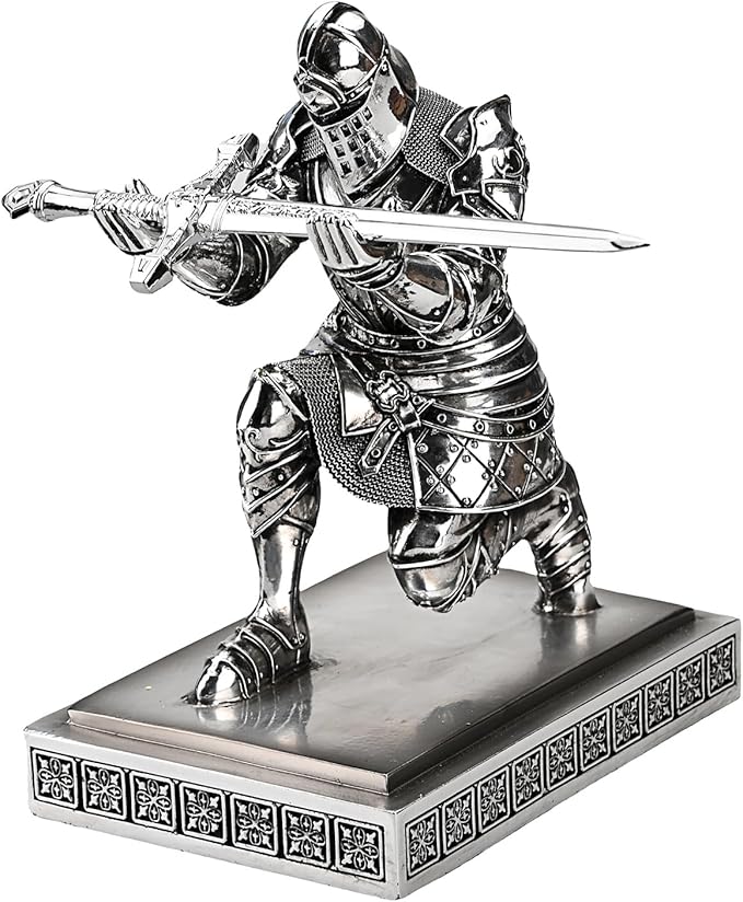 King's Guard Knight Pen Holder Pen Stand Desk Organizers and Accessories Resin Pencil Holder as Gift for Office and Home (Silver(Plating))