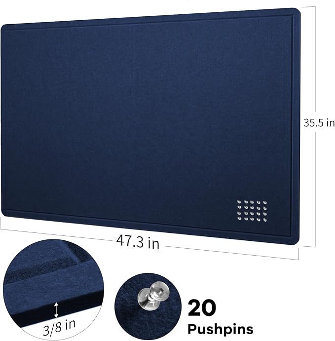 Large Bulletin Board - 48 x 36 Inches, Decorative Felt Pin Board for Wall - 4' x 3' Foldable Photo Display Board with Self-Adhesive Tape, Includes 20 Push Pins - Dark Blue