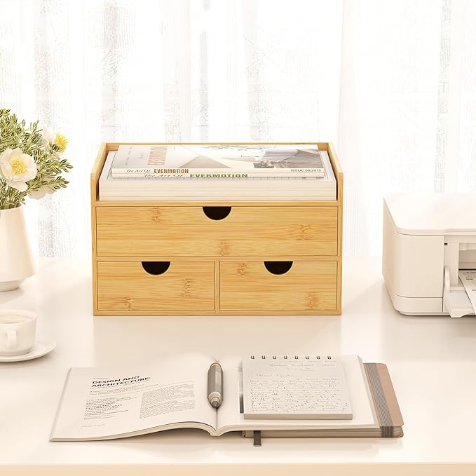 Bamboo Desk Organizer with Drawers Desktop Storage Drawers for Bills Office Supplies Kitchen Utensils Organizing Tool for Home Classroom Organization No Assembly (Nature 3 Drawers)