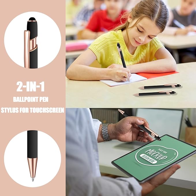 12 Pcs Blue Ink Ballpoint Pen with Stylus Tip, 1.0 mm Metal Pen Stylus Pen for Touch Screens, 2 in 1 Thank You Pen Gift for Friends, Colleagues, Coworker, Office, Family (Black Rose Gold)