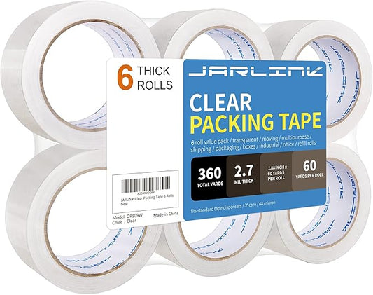 JARLINK Clear Packing Tape (6 Rolls), Heavy Duty Packaging Tape for Shipping Packaging Moving Sealing, 2.7mil Thick, 1.88 inches Wide, 60 Yards Per Roll, 360 Total Yards