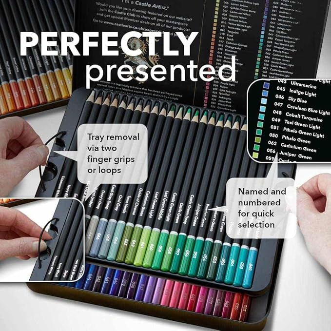 Castle Art Supplies Colored Pencils Set | 72 Premium Soft Core Colored Leads for Adult Artists | Organized in Presentation Tin Case