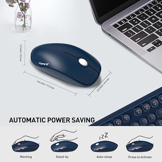 FOPETT Wireless Keyboard and Mouse Combo, 104 Keys Full-Sized 2.4 GHz Round Keycap Colorful Keyboards, USB Receiver Plug and Play, for Windows, Mac, PC, Laptop, Desktop (DarkBlue)