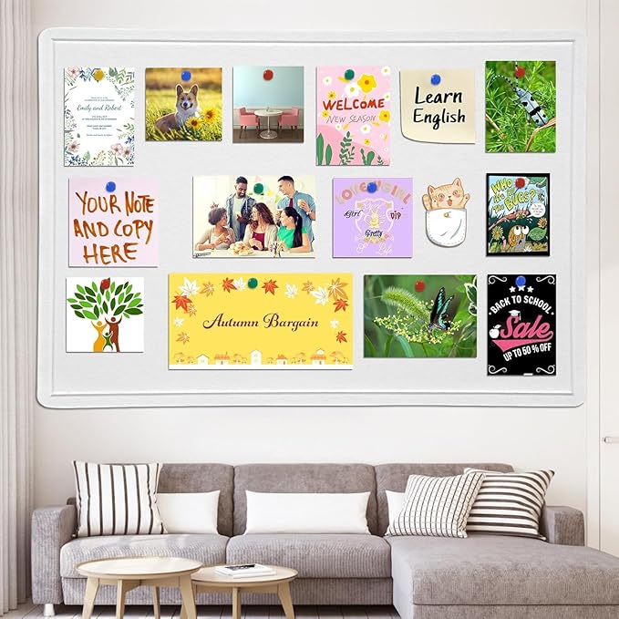 Large Bulletin Board, 48 X 36 inches Felt Board Notice Pin Board,4' x 3' Cork Board Alternative for Wall, Self-Adhesive Vision Board Mood Board Foldable Photo Board with 30 Pushpin-Warm White