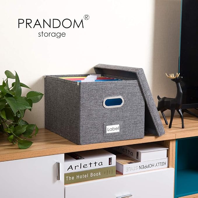 PRANDOM File Organizer Box - Set of 1 Collapsible Decorative Linen Filing Storage Hanging File Folders with Lids Office Cabinet Letter/Legal Size Grey (17x14x11.2 inch)