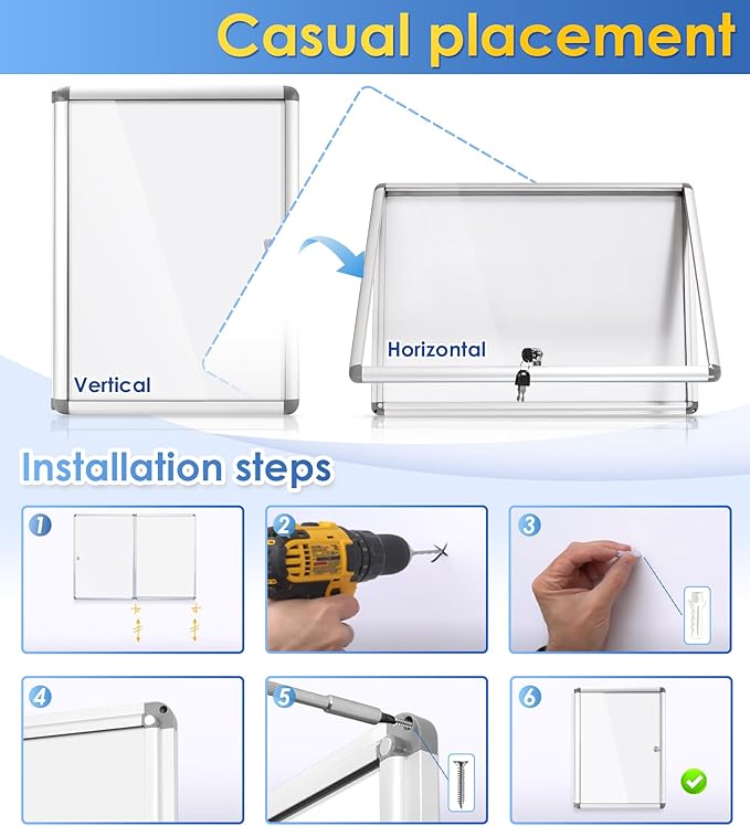 SWANCROWN Enclosed Bulletin Board Dry Erase Noticeboard Lockable Display Boards White with Aluminium Frame 20x14inch(2xA4)