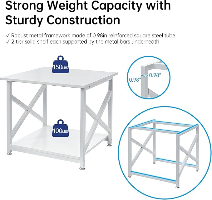 23.6 x 23.6 Inches Large Printer Stand, 2 Tier Square Printer Table with Storage Shelf for Home Office, Multi-use Rolling Cart with Wheels for Laser, 3D Printer and Mini Fridge - White