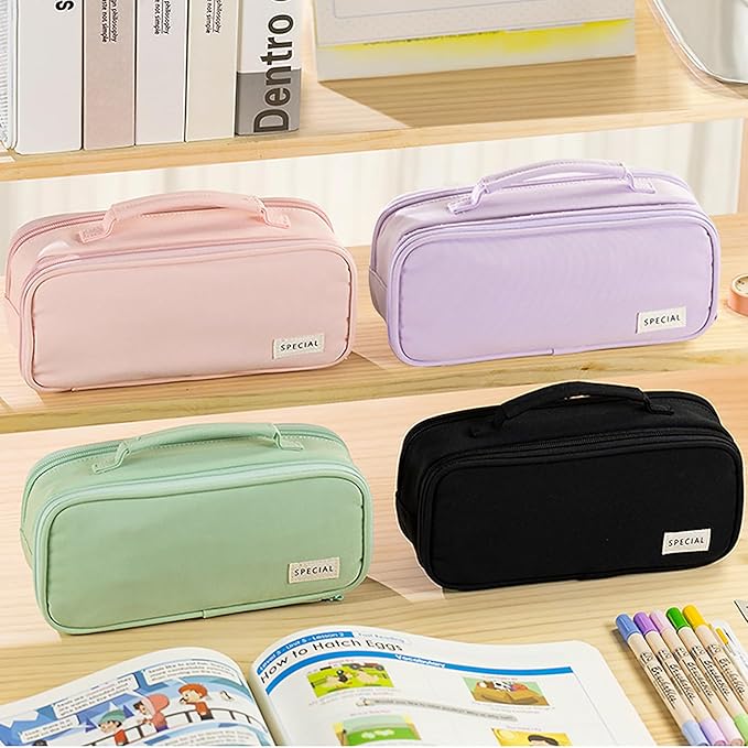 MAMUNU Pencil Case Large Capacity with 3 Compartments, Pencil Case Pouch Bag with Zipper Handle Portable Pen Stationery Organizer for Teen Girls Boys Adults College School Office Travel, Black