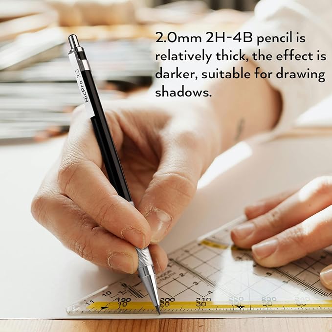 Nicpro 33PCS Black Metal Mechanical Pencil Set in Leather Case, Art Drafting Pencil 0.3, 0.5, 0.7, 0.9 mm, 2mm Lead Holders for Sketching Drawing With 18 Tube (6B 4B 2B HB 2H 4H Colors) Lead Refills