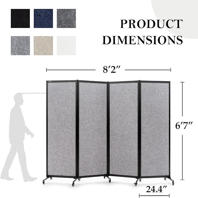 Upgrade Version Room Partition and Divider, Freestanding Rolling Dividers with Wheels,Office Privacy Screen Divider Wall,Classroom Felt Dividers,8'2"L* 6'7"H,4 Panel，Light Grey