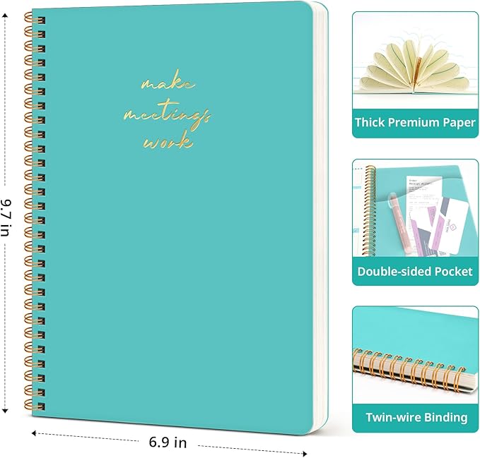 Meeting Notebook for Work Organization - Work notebook with action items, Meeting Minutes Planner Notebook, Perfect Office Supplies for Men & Women - Aquamarine