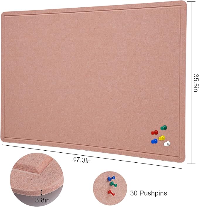 Large Bulletin Board - 48 X 36 inches Decorative Felt Pin Board - 4' x 3' Cork Board Alternative for Wall - Foldable Photo Board Self-Adhesive Vision Board Prayer Board with 30 Pushpins - Pink