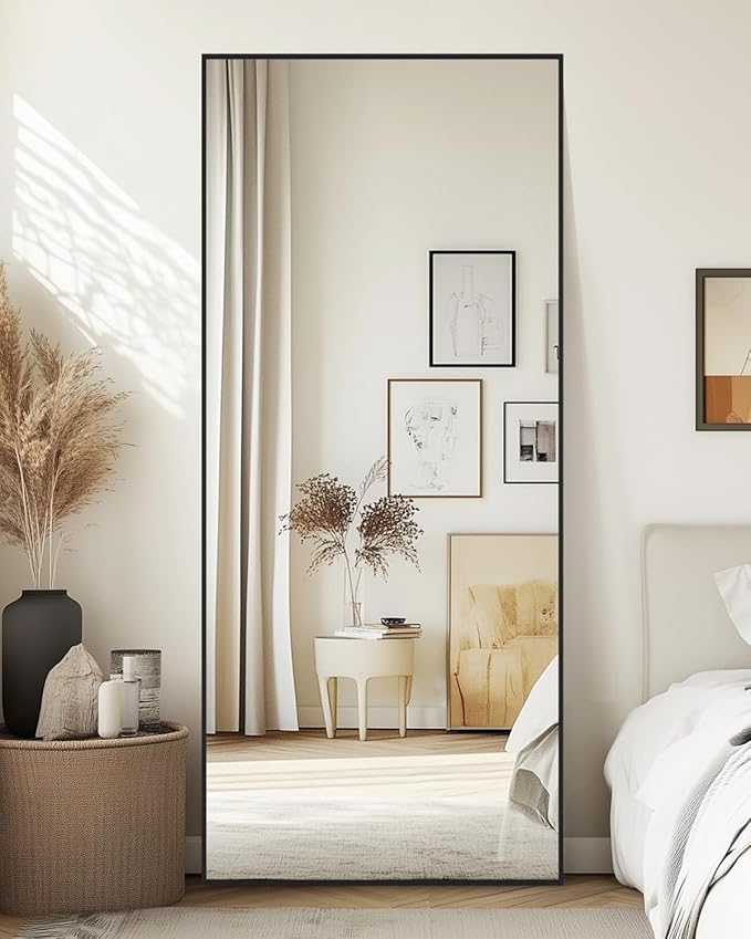 Full-Length Floor Mirror with Stand, 58"x18" Rectangle Style Full Body Standing Mirror for Bedroom, Living Room, Gym, Dorm - Shatter-Resistant & Easy Assembly, Black