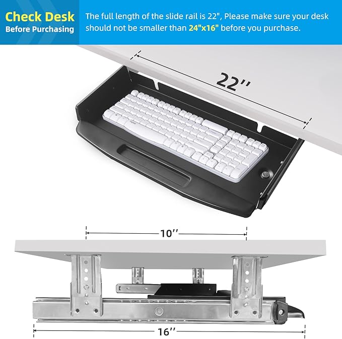 Solid Steel Under Desk Keyboard Tray Slide Out with 360° Rotating Mouse Platform,Keyboard Shelf Sliding,Under Desk Mounted Keyboard Holder,Under Desk Keyboard Drawer 28"Lx11"W