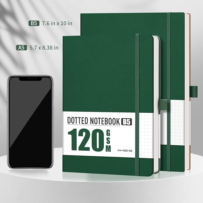 AHGXG Bullet Dotted Journal - Dot Grid Notebook Journal, 120 GSM Thick Acid-Free Paper, Large B5 Dotted Notebook 96 Pages, Leather Softcover, Inner Pocket, Journal Stencil, 7.6'' X 10'' - Green