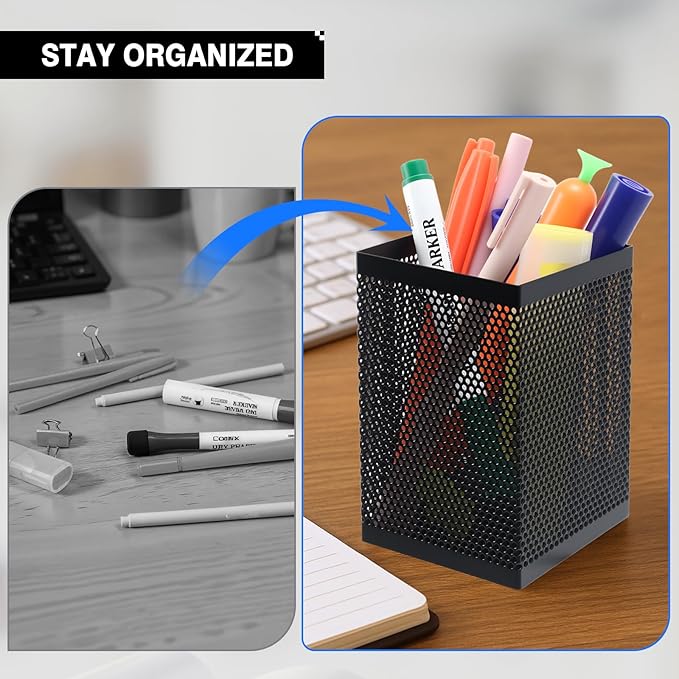 Comix Mesh Pen Holder Desk, Wire Pencil Holder with Foam Pad and Non-Slip Bottom Office Supplies Desk Organizer for Home Office School, 2 Packs