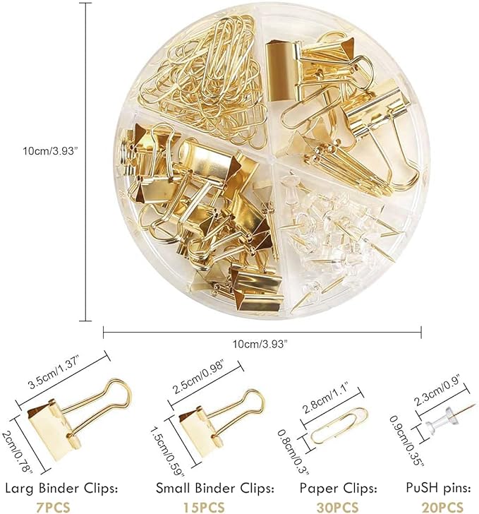 Paper Clips and Binder Clips Set, Metal Assorted Sized Binders with Push Pins, Cute Office Supplies for Desk, Desk Accessories (Gold Set of 3)