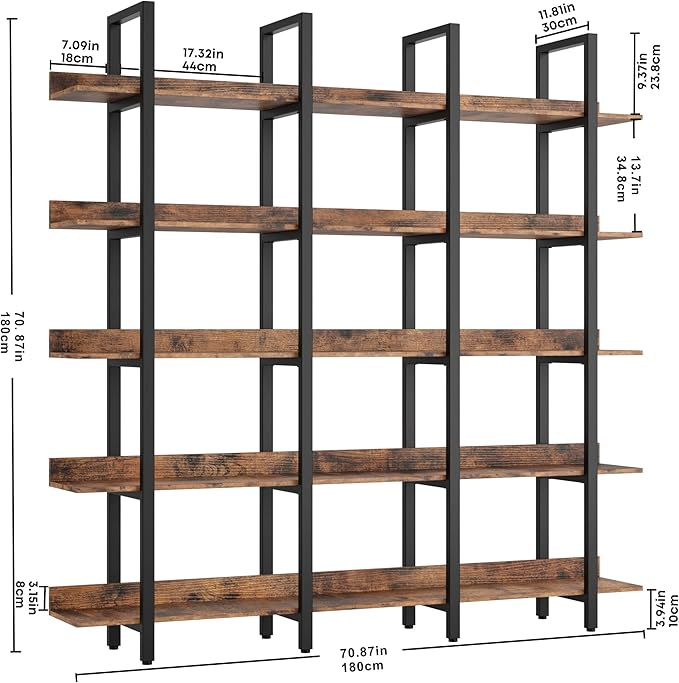 IRONCK Bookcase and Bookshelves Triple Wide 5 Tiers Large Open Shelves, Etagere Bookcases with Back Fence for Home Office Decor, Easy Assembly, Vintage Brown