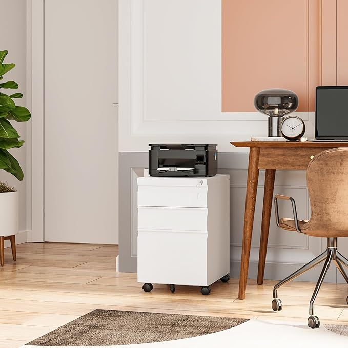 Rolling File Cabinet with Lock, 3 Drawer Metal Mobile Filing Cabinet for Legal/Letter Size, Fully Assembled Except Casters,White
