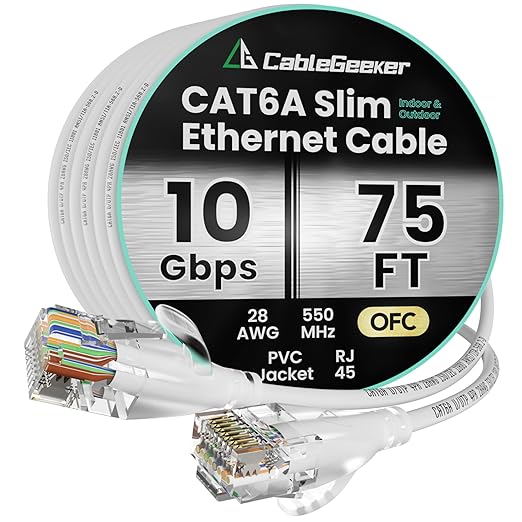 CableGeeker CAT6A Slim Ethernet Cable 75FT, 10Gbps 550MHz High Speed Network by CableGeeker