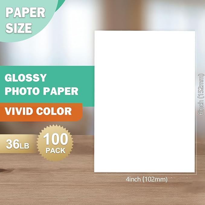 4x6 Glossy Photo Paper for Inkjet Printer, Thin Glossy Photo Paper for Chip Bags, 4R Photo Paper 36 lb, 100 Pack