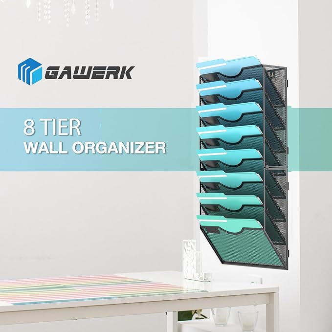8-Tier Wall File Organizer Hanging Wall File Holder Wall Mount Paper Folder Organize, Mesh Magazine Document Mail Organizer Wall Organizer for Office School Home, Black